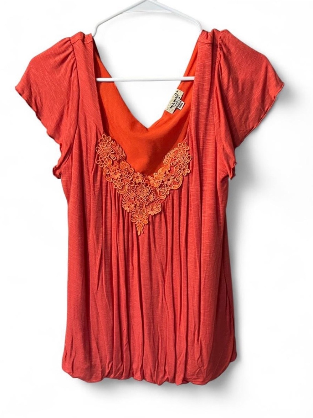 ONE WORLD Coral Lace-Trim V-Neck Short Sleeve Top